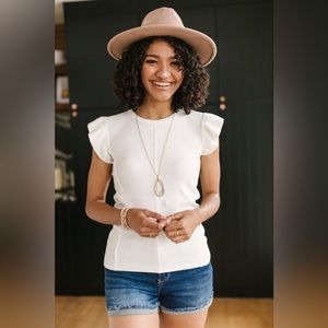 Gene Flutter Sleeve Ribbed Top in White with Zipper detail